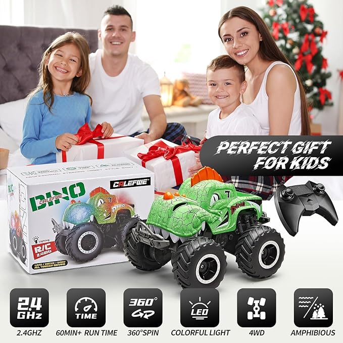 Amphibious Monster Truck Toys, 1:20 Waterproof Dinosaur Monster Trucks for Boys Age 4-7, 2.4GHz All Terrain RC Cars with 2 Batteries, 360° Rotating Stunt RC Car Toy Birthday Gift for Kids 3-5