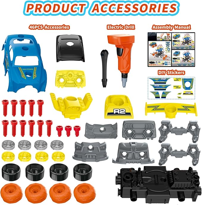 Pup Go 3-in-1 Take Apart Car for Boys with Electric Drill, 46Pcs Construction Toy Truck, Build Your Own Toy Car with Play Tools, Ideal STEM Present for Kids Children Ages 3 4 5 6 7 8 9 Year Old Blue
