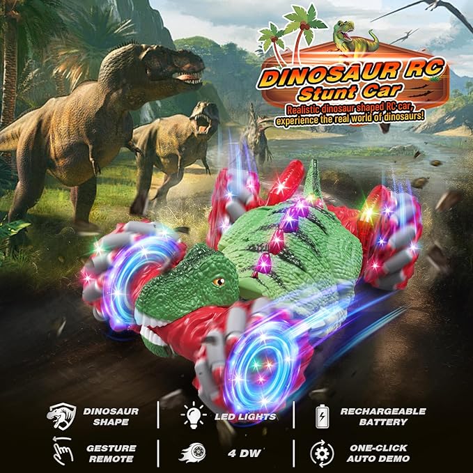 Remote Control Car，Dinosaur Toys car for Kids，2.4GHz LED Gesture Sensing RC Car，4WD Rotation RC Stunt Car with Lights and Music，Dino Toys for Kids Ages 3 4 5 6 7 Gifts for Boys Girls(Red)
