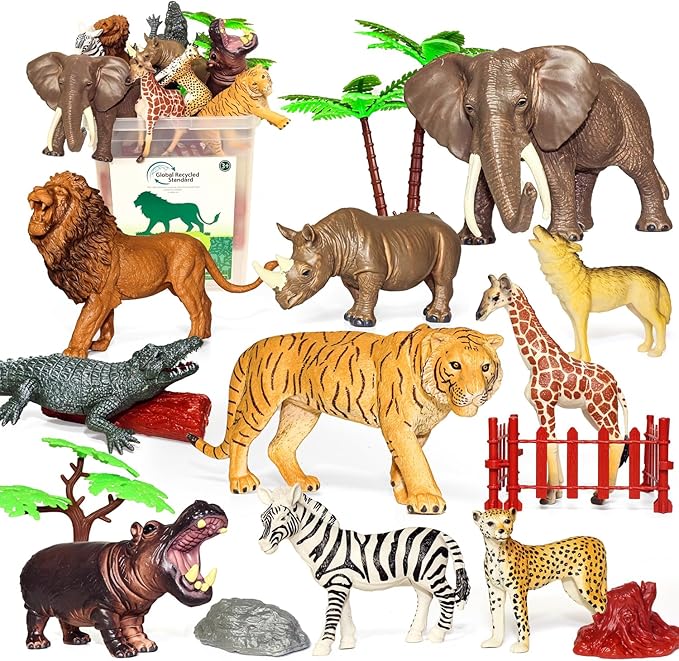 Safari Zoo Animals Figures Toys for Kids 3-5,Realistic Animal Figurines Playset with Fence for Toddlers, 22 PCS African Wild Jungle Plastic Toy Gift Set for Boys and Girls