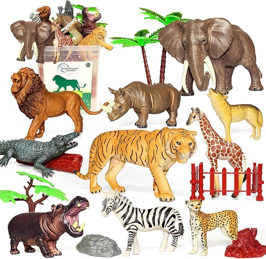 Safari Zoo Animals Figures Toys for Kids 3-5,Realistic Animal Figurines Playset with Fence for Toddlers, 22 PCS African Wild Jungle Plastic Toy Gift Set for Boys and Girls
