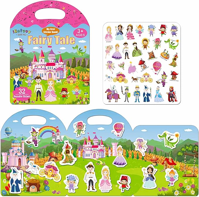 Reusable Sticker Books for Toddlers 1-3, Stickers for Kids, Reusable Stickers for Toddlers 2-4 Years, Airplane Train Car Travel Essentials Toy for Kids Girls Boys (Fairy Tale+Ocean World)