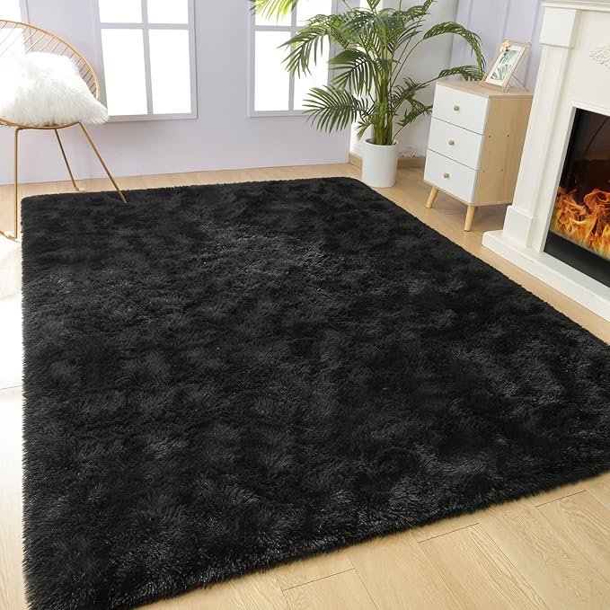 Vocrite Large Fluffy Rug for Bedroom, 5x8 Shaggy Black Shag Area Rug for Living Room, Non-Skid Fuzzy Faux Fur Carpet, Rectangular Plush Soft Rug for Nursery Classroom Playroom Dorm Home Decor