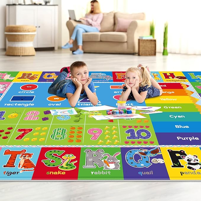 Kids Play Rug for Playroom, ABC Educational Area Rug, Toddler Baby Play Mat, Alphabet Animal Soft Non-Slip Kids Rug Carpet for Boy Girl Bedroom (110X78.7 INCH Green)