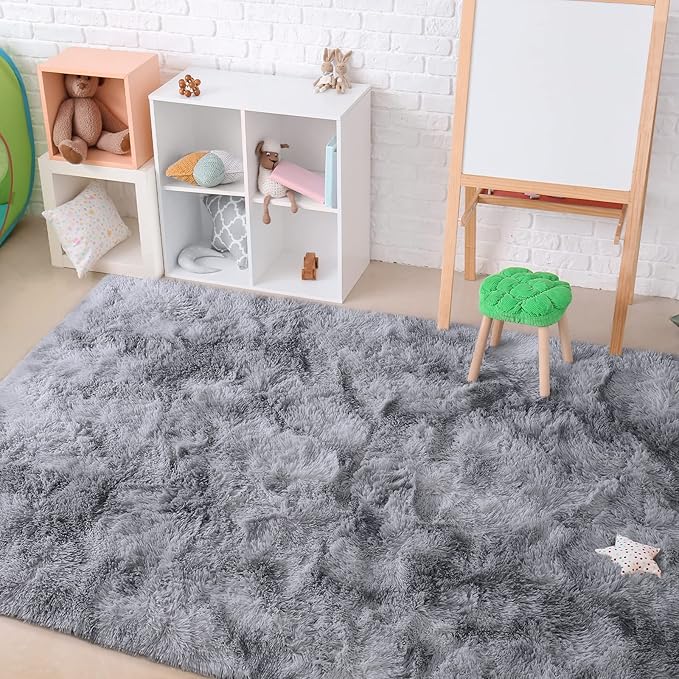 AROGAN Soft Rainbow Area Rugs for Girls Room 5x8 Feet, Fluffy Girls Bedroom Rugs, Princess Rug, Cute Colorful Carpet for Kids Teens Nursery Toddler, Grey