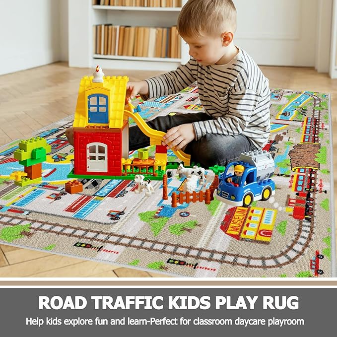 Capslpad Kids Rug for Playroom 3'3" x 5'2" Educational Learning Kid Play Area Rug Large Traffic Road Cars Play Mat for Kids Toy Nursery Rug Carpet for Living Room Home Decor, Tan