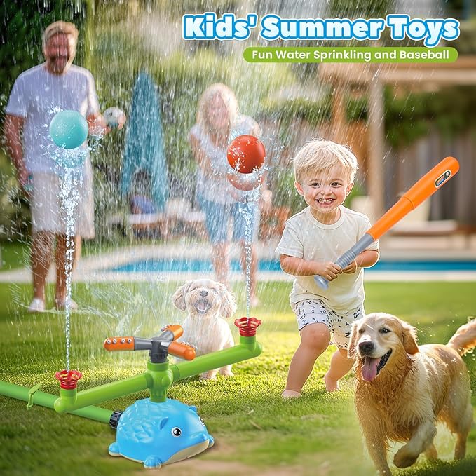 Hedgehog 3-in-1 Sprinkler Baseball Ball Toy Summer Water Toys Outdoor T-Ball Kids Play Sprinkler, Hedgehog Spinning Sprinkler with 3 Jets, 3 Baseballs, 1 Retractable Bat Summer Outdoor Game