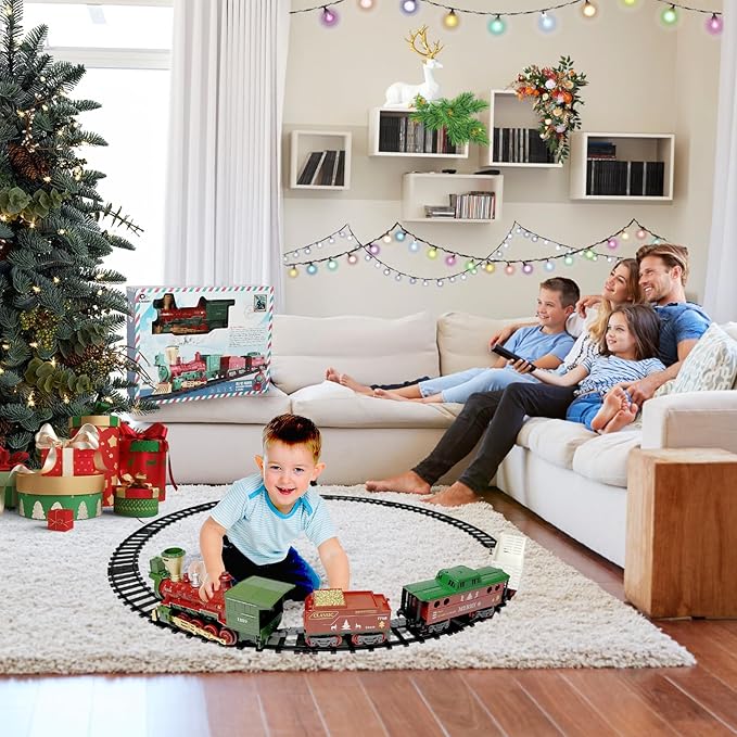 Electric Train Set Steam Toys with Remote Control,Christmas Train for Under The Trees with Smokes,Light & Sounds, for 3 4 5 6 7+ Years Old Kids