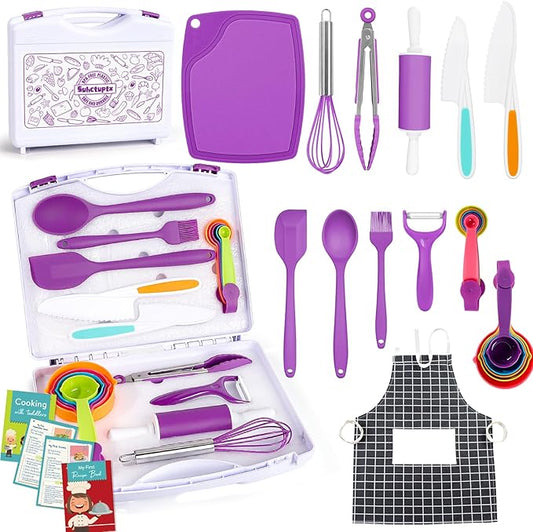 Kids Cooking Sets Real, Kids Cooking and Baking Set with Storage Case Kid Safe Knives Cutting Board Apron Cookbook Toddler Cooking Utensils, Montessori Kitchen Tools, Birthday Gifts for Girls Boys