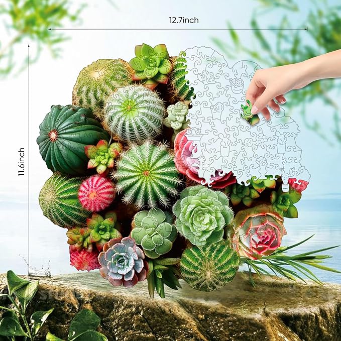 Ball Cactus Wooden Jigsaw Puzzle for Adult and Kids 300 Pcs Unique Shape Multicolor Wood Storage Box Fun Challenge Brain Teaser Family Game Creative Gift for Friends Rompecabezas Madera