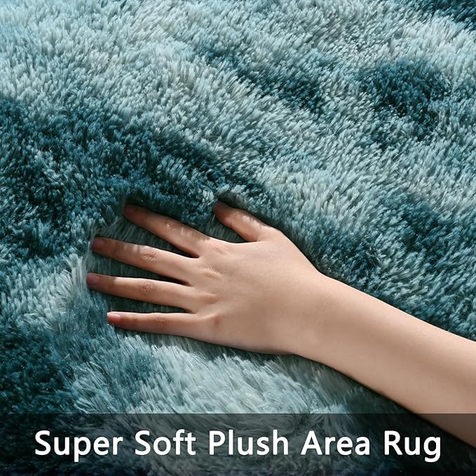 Pettop Fluffy Tie-Dye Peacock Blue Rug for Bedroom Living Room, 3x5 Feet Super Soft Shaggy Plush Fuzzy Rugs for Girls Kids Boys, Non-Slip and Washable Rug for Nursery Classroom, Carpet for Rooms Decor