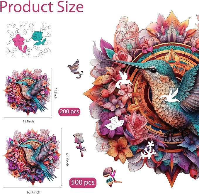 Hummingbird 200 Pieces Wooden Jigsaw Puzzles for Adults with Unique Irregular Shape Fun Challenging Bird Puzzles for Kids and Couples on Birthday,Children’s Day,Christmas 11.3"x 11.3"