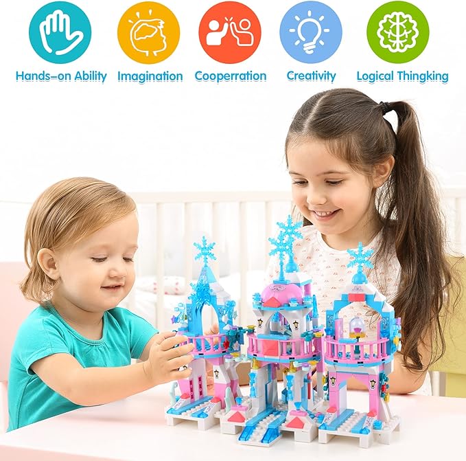 Friends Frozen Castle Building Kit Princess Magical Ice Palace Creative Toy Set for Girls 6-12, Best Learning and Roleplay STEM Construction Toy Gifts with Storage Box for Kids (522 Pieces)