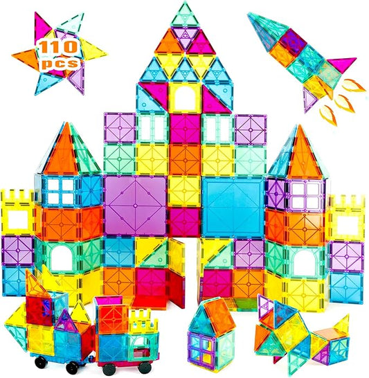 110 PCS Magnetic Tiles with 2 Cars, STEM 3D Building Blocks for Kids Ages 3-8, Montessori Magnet Construction Toys for Preschool Classroom (NF-110 PCS)