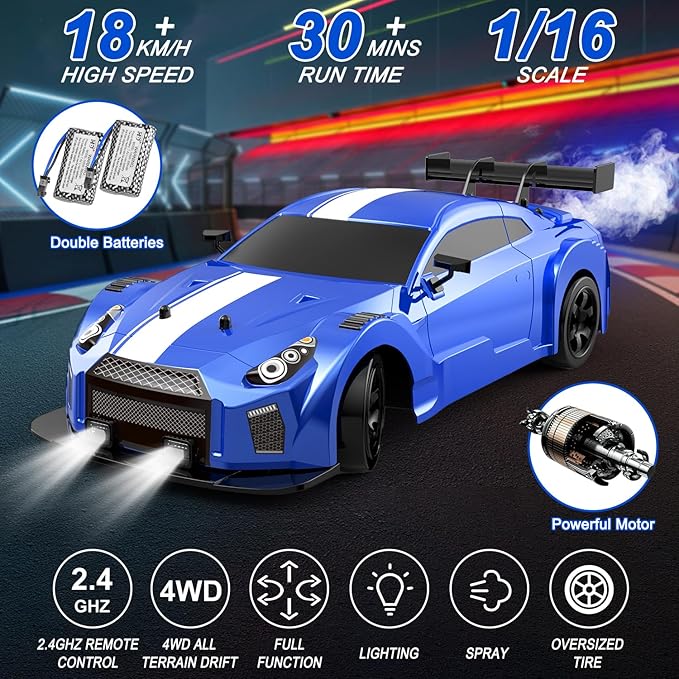Dollox RC Drift Car 1/16 Scale Remote Control Car 2.4GHz 4WD High Speed 18+KM/H Vehicle with LED Lights and Spray, Extra Drifting Tires Racing Vehicle Toys Birthday Gifts for Adults Boys, 2 Batteries