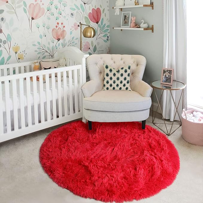 Red Round Circle Rug 6Ft for Bedroom, Large Fluffy Shag Area Rugs for Kids Room Decor Aesthetic, Fuzzy Plush Fur Carpets for Living Room Nursery Classroom, Red Carpet, Furry Indoor Rugs for Teen Boys