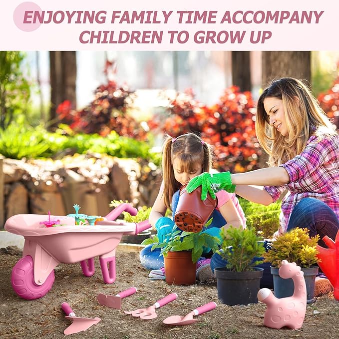 16Pcs Kids Gardening Tools Outdoor Toys Set Backyard Play with 93 PCS DIY Flower Garden Building Preschool Activities (Pink)