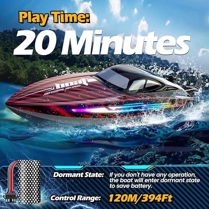 RC Boat 30KMH with 7Light Modes,Remote Control Electric Fast Speed Boat for Adults Kids 8-12 Lake Pool Water Play,Self-righting,Demo,Water Cooling,Full Waterproof,20 Mins,Low Battery Alert,2.4Ghz,Red