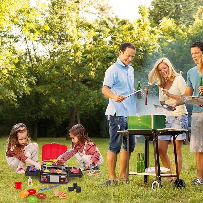 Kids Grill Playset Kitchen Toys with Apron Hat for Cooking Food Smoke Light Outdoor Pretend Play Accessories 3-5 4-8 BBQ Outside Camping Barbecue Toddler Boy Toy 3 4 5 6 Year Old Birthday Gift