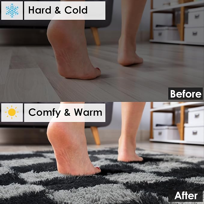 KICMOR Rugs for Living Room 5x7 Black and Grey, Soft Fluffy Checkered Shag Area Rug Furry Shaggy Floor Carpets for Bedroom, Indoor Fuzzy Plush Rug for Teen Kids Boys Girls Room Nursery Home Decor