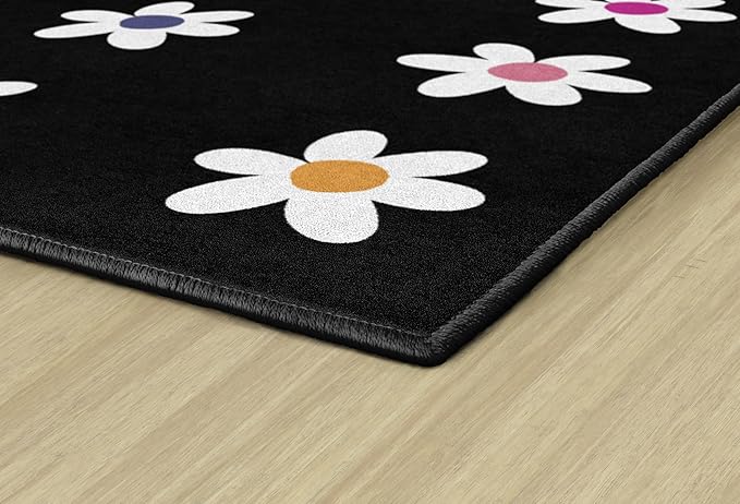 Flagship Carpets Schoolgirl Style Daisies on Black Criss-Cross Applesauce Educational Area Rug for Kids Room, Children's Classroom, Play Carpet for Teaching and Playroom, 7'6" x 12', Seats 32