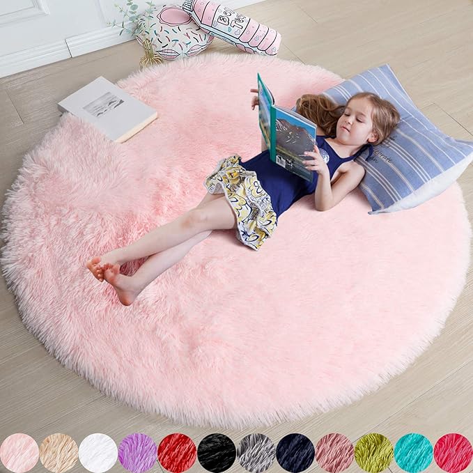 Pink Round Area Rugs 6Ft for Bedroom Living Room, Big Fluffy Shag Circle Rug for Kids Playroom, Cute Preppy Room Decor for Teen Girls, Cozy Fuzzy Furry Plush Carpets for Baby Nursery, Dorm, Classroom
