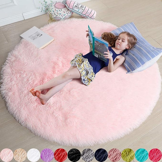 Pink Round Area Rugs 6Ft for Bedroom Living Room, Big Fluffy Shag Circle Rug for Kids Playroom, Cute Preppy Room Decor for Teen Girls, Cozy Fuzzy Furry Plush Carpets for Baby Nursery, Dorm, Classroom