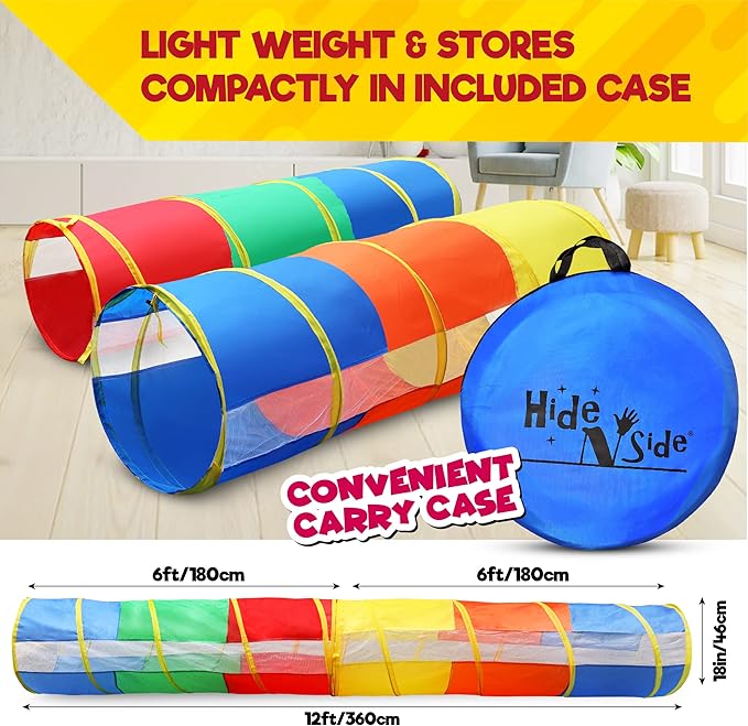 Hide N Side 2-Pack 6ft/12ft Crawl Through Play Tunnel Toy, Pop up Tunnel for Kids Toddlers Dogs Babies Infants & Children Gift Indoor & Outdoor Tube
