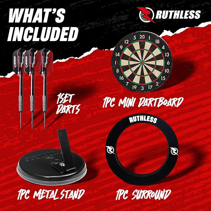 Ruthless Miniature Desk Top Dart Board Set for Home and Office - Includes Mini Steel Tip Darts, Choice of Surround and Mouse Mat