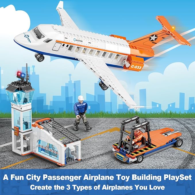 City Passenger Airplane Building Set for Boys, 3 IN 1 Plane Toy Kit with 3 Airport Staff, Helicopter, Terminal, Baggage Truck, Radar Tower, STEM Toy Gift for Kids Girls 6 7 8 9 10+ years old (796 PCS)