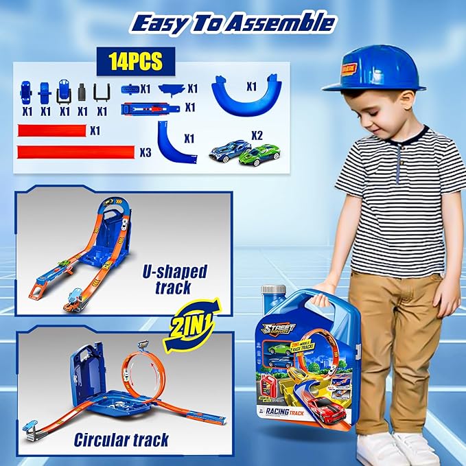 Race Track Toy Car Set with 2 Race Cars,2 in 1 Magic Tracks Style with Storage Box,Changeable Tracks Toys Birthday Gifts for Kids 3 4 5 6 7 8+Year Old Boys Girls (Blue)