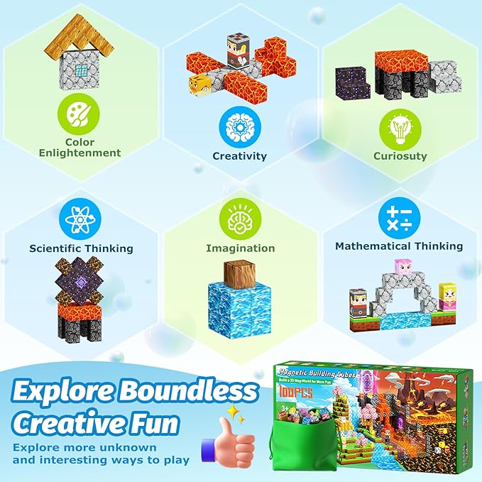 100PCS Magnetic Blocks, Magnetic Cubes Magic Forest Set for Boys & Girls Toys Age 3-5 6-8 8-10, Magnetic Tiles 1" Building Blocks Toddler Toys STEM Sensory, Creative Kids Games Kids Toys