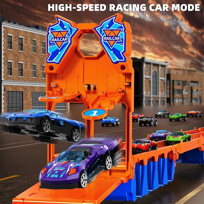 78.7-Inch Racing Car Track Truck Toy for Boys 2 3 4 5 6 7 Years Old - Transport Carrier Trucks, Foldable Tracks Storage, 12 Die-cast Car, Gifts for Toddlers and Kids Aged 3-5