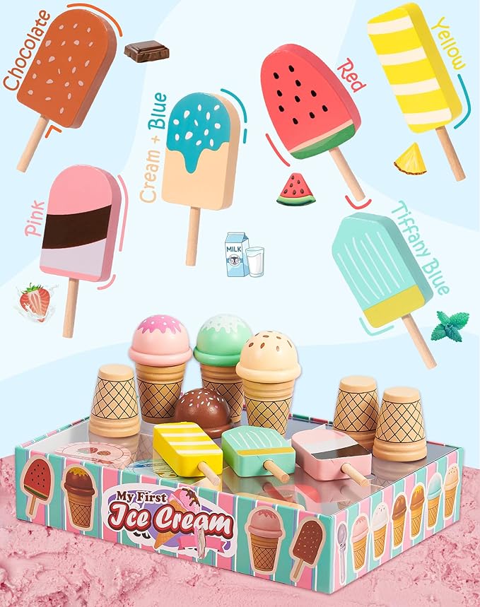 Toyssa Wooden Ice Cream Toys Play Set for Toddlers 3-5, Pretend Play Store Kids Kitchen Accessories with Scoop & Menu & Play Money, Christmas Birthday Gifts for Girls Boys 3 4 5 6 Year Old