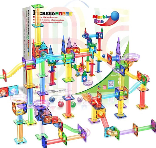 PicassoTiles Marble Run 150-Piece Magnetic Tile Race Track Toy Play Set STEM Building & Learning Educational Magnet Construction Kit Child Brain Development Toys Boys Girls Age 3 4 5 6 7 8+ Years Old
