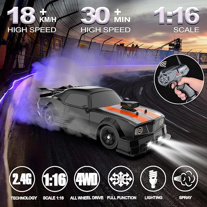 Remote Control Car RC Drift Car 1:16 Scale 4WD 18KM/H High Speed Model Vehicle 2.4GHz with LED Lights Spray Rubber Tire Racing Sport Toy for Adults Boys Girls Kids Gift 2Pcs Rechargeable Batteries