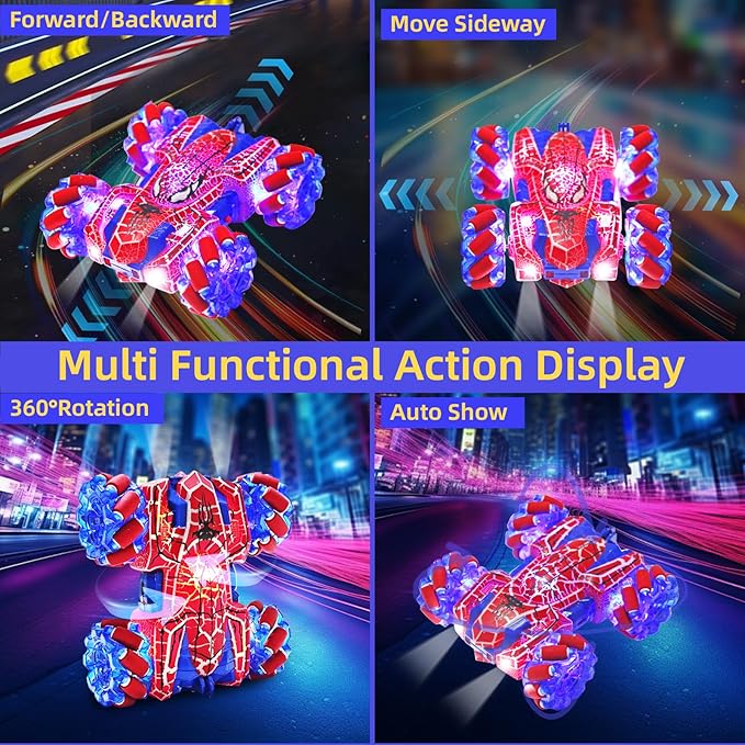 Spider Remote Control Car with WholeBody Colorful Light, 2.4Ghz RC Stunt Cars Toys, Double Sided Off-Road 360° Rotating,Rechargeable 4WD RC Drift Car Spider Toys for Boys Kids 4-6 5-7 8-12