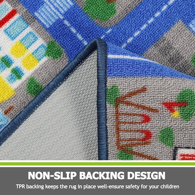 Capslpad Blue Car Road Kid Rug Carpet Playmat for Playoom Traffic Road Kids Play Mat for Toddler Non Slip Washable City Map Race Track Carpet Rug for Kids Room Bedroom Nursery Room Decor,5'x 6'6"