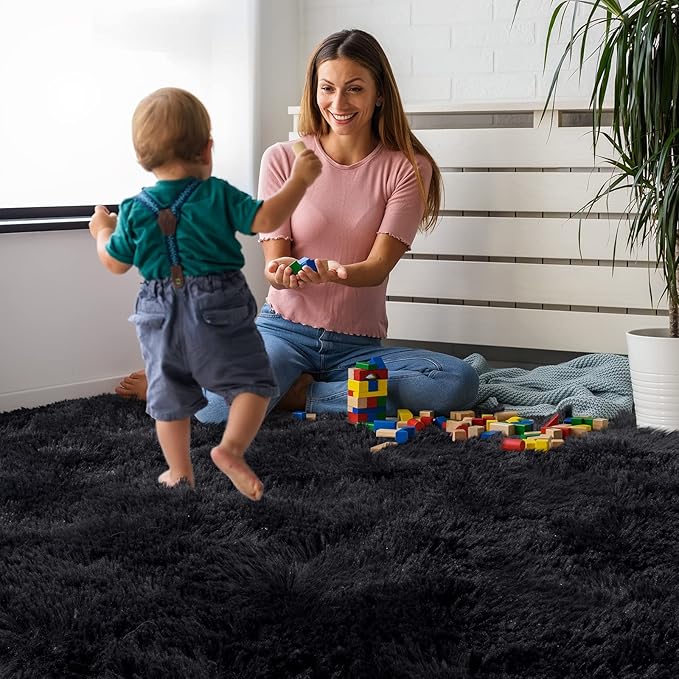 Ompaa Black 8x10 Feet Large Area Rugs Fluffy Living Room Carpet, Wall to Wall Big Shag Rug for Bedroom Kids Playroom Classroom Nursery Home Office Decor