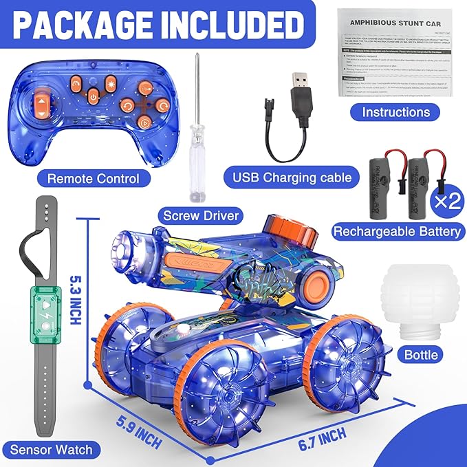 Amphibious Remote Control Car Toys - RC Stunt Car with Water Gun for Boys and Girls Age 8-12 | Remote Control Boat for Kids | Water & Land 4WD with Gesture Sensing, Lights, Waterproof, Rotation, Blue