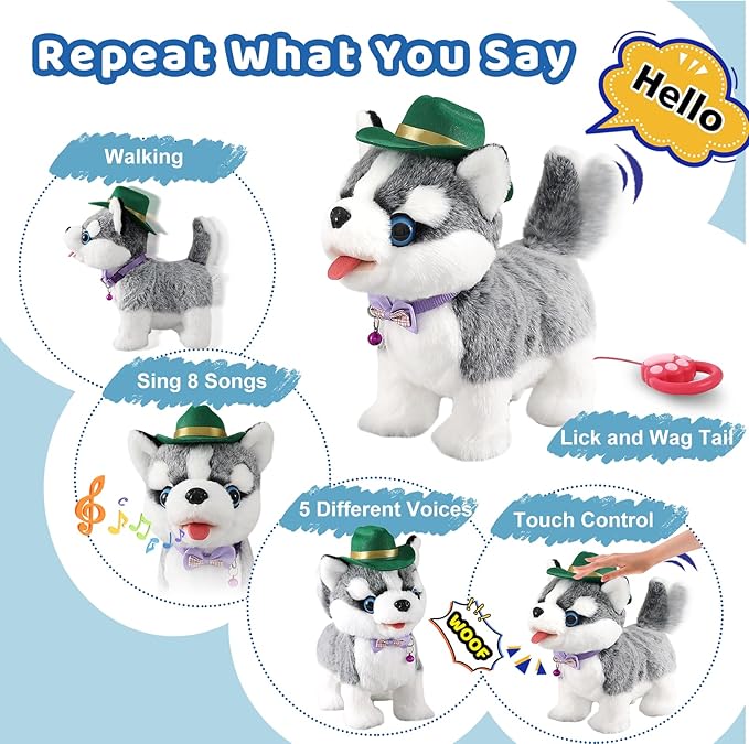 Walking Husky Barking Dog Toy for Child Kid Licking Talking Dog with Leash, Interactive Puppy that Barks Tail Wagging Plush Robot Dog Singing Electric Pet Pretend Dog Dress Up Christmas Boy Girl Gift