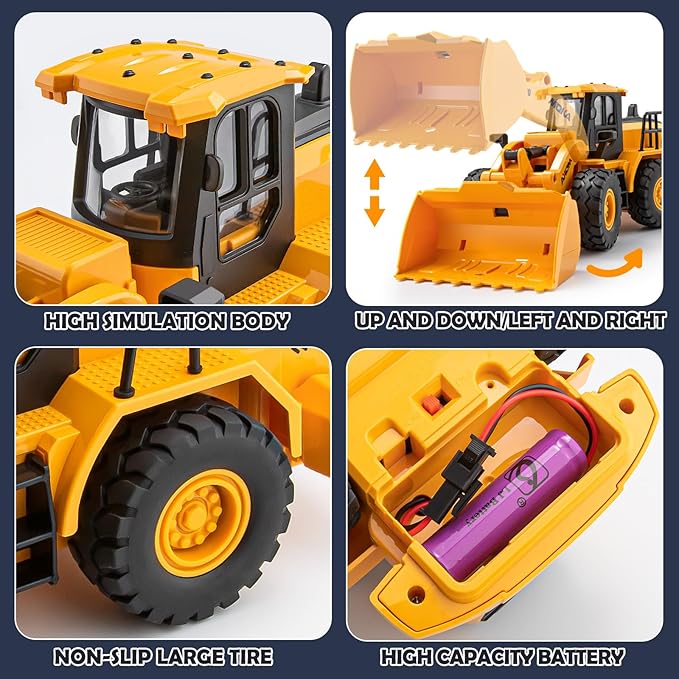 7 Channel RC Bulldozer Toys for Kids, Remote Control Construction Vehicle for Boys 3-5 Years Old, 2.4G Loader Engineering Truck, Birthday Gifts Ideas for Children