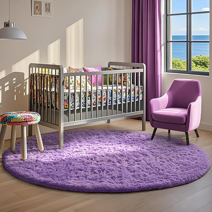 Ophanie Round Rugs 6Ft Purple Circle Area Rug, Cute Room Decor for Teen Girls, Fluffy Fuzzy Bedroom Carpet, Plush Soft Shaggy Living Room Rugs for Kids Home Decor Aesthetic, Nursery
