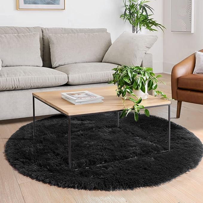 Black Round Rug 7Ft for Bedroom Aesthetic, Fluffy Plush Circle Area Rugs for Living Room, Large Big Fuzzy Modern Cool Carpet for Baby Kids Teen Boys Mens, Office Playroom Nursery Apartment Home Decor
