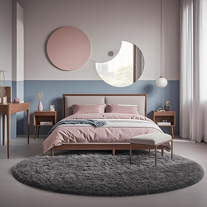 Ophanie Round Rugs 6Ft Grey Circle Area Rug, Fluffy Fuzzy Bedroom Carpet, Plush Soft Shaggy Indoor Floor Gray Living Room Rugs for Kids Home Decor Aesthetic, Nursery