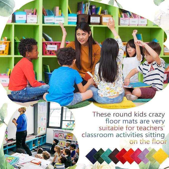 10 Pcs Kids Carpet Square Seats Soft Rainbow Floor Rug Mats Warm Colorful Hemming Floor Rug Cushions for Classroom Group Story Activity Home Play Area(18 Inch,Cute Color)