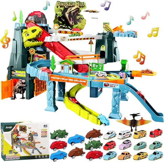 Children's Toy Car Ramp Track Dinosaur Spray Hills Adventure Railcar Slot Car Vehicle Race Play Set with 20 Mini Cars for Preschool Boys Puzzles Gifts Kids Ages 3 to 6 or Older (Spray Dinosaur)