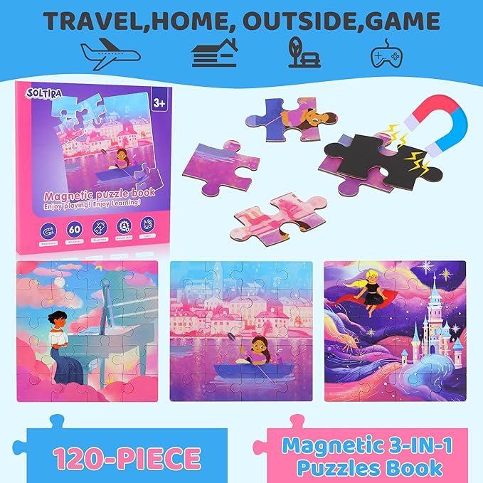 Puzzles for Kids Ages 4-6 Girls 120 Pieces Two-Book Travel Puzzles for Kids 3-5 Airplane Car Road Trip Activities Games Toys 3 4 5 6 7 8 Year Old Girls Gift