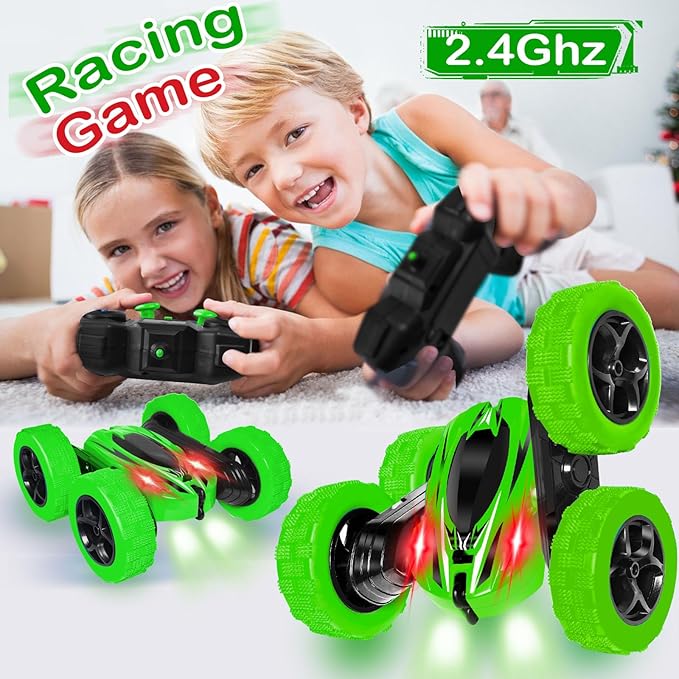 FREE TO FLY Remote Control Car for Boys 8-12: 2.4Ghz Electric Rechargeable Race Stunt Cars Double Sided 360 Rolling Rotating Rotation with Led Headlights