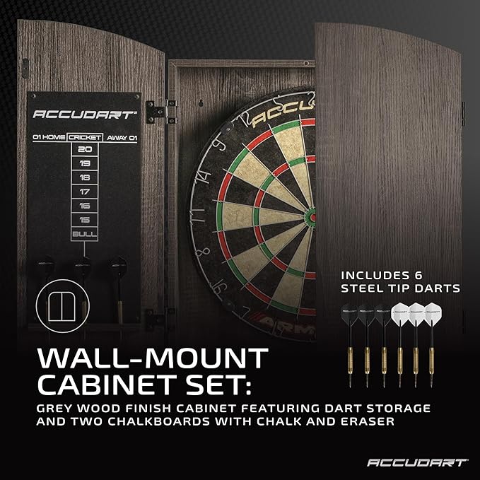 Accudart Armada Bristle Dartboard Cabinet Set - Official Size 18" x 1.5" - Self Healing Genuine Sisal - Wall Mount Cabinet Set - Round Spider Wires Reduce Bounce Outs - Rotatable Metal Number Ring